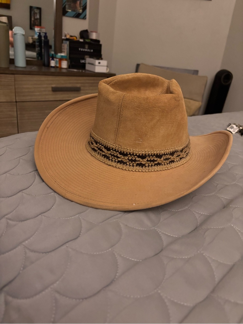Men's Tan Suede Resistol Cowboy Hat with Decorative Band 7 1/8